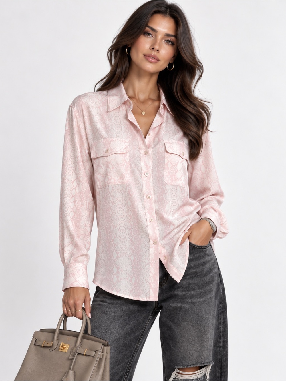 Equipment 100% Silk Pink Snake Print Button-Up Shirt Blouse Size L Y2K Femme - Picture 3 of 13